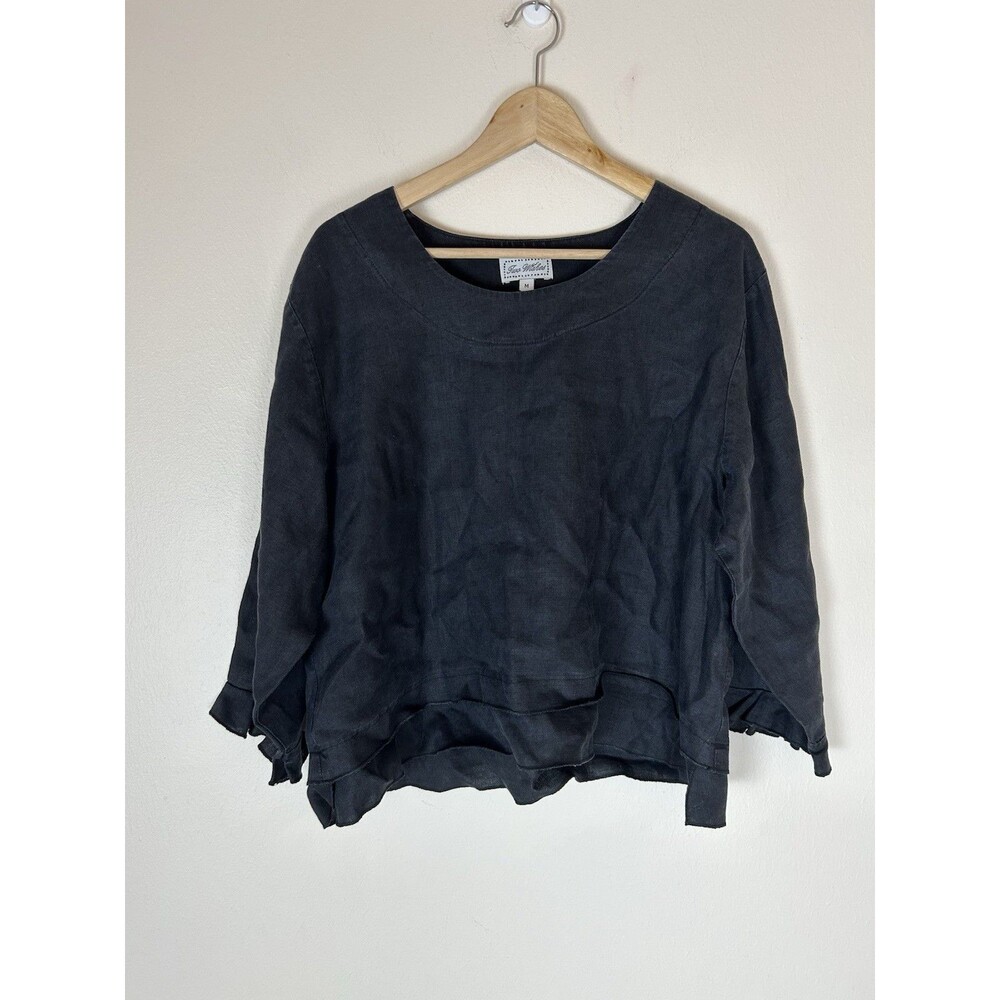 Two Wishes M Shirt linen boxy Top Blouse women’s lagenlook Black Ruffle Artsy